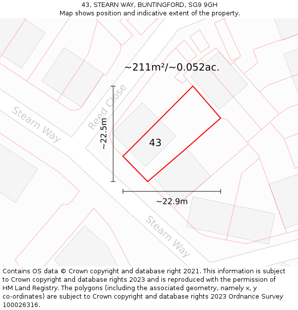 43, STEARN WAY, BUNTINGFORD, SG9 9GH: Plot and title map