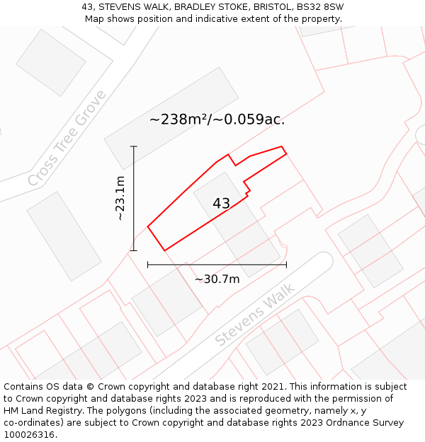 43, STEVENS WALK, BRADLEY STOKE, BRISTOL, BS32 8SW: Plot and title map