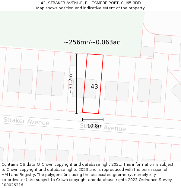 43, STRAKER AVENUE, ELLESMERE PORT, CH65 3BD: Plot and title map