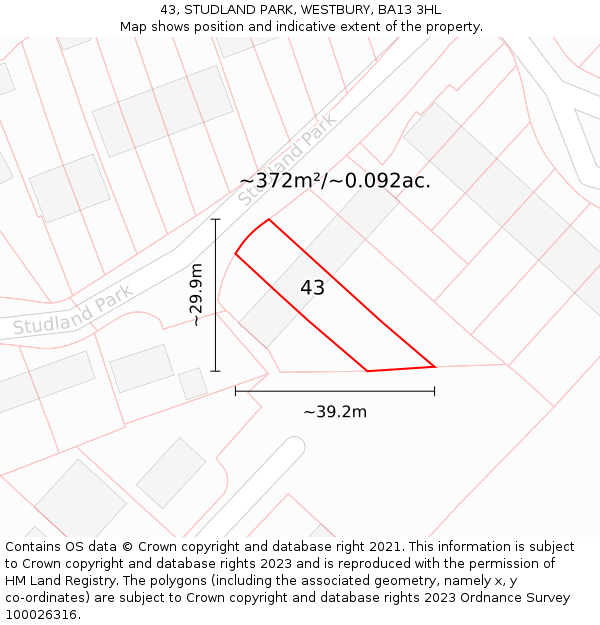 43, STUDLAND PARK, WESTBURY, BA13 3HL: Plot and title map