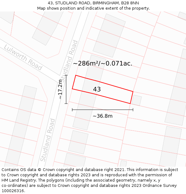 43, STUDLAND ROAD, BIRMINGHAM, B28 8NN: Plot and title map