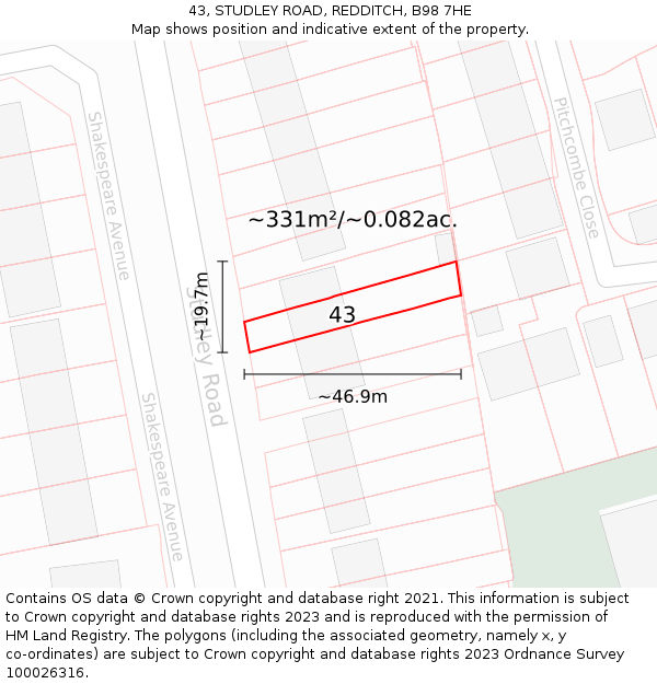 43, STUDLEY ROAD, REDDITCH, B98 7HE: Plot and title map