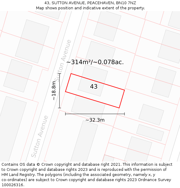 43, SUTTON AVENUE, PEACEHAVEN, BN10 7NZ: Plot and title map