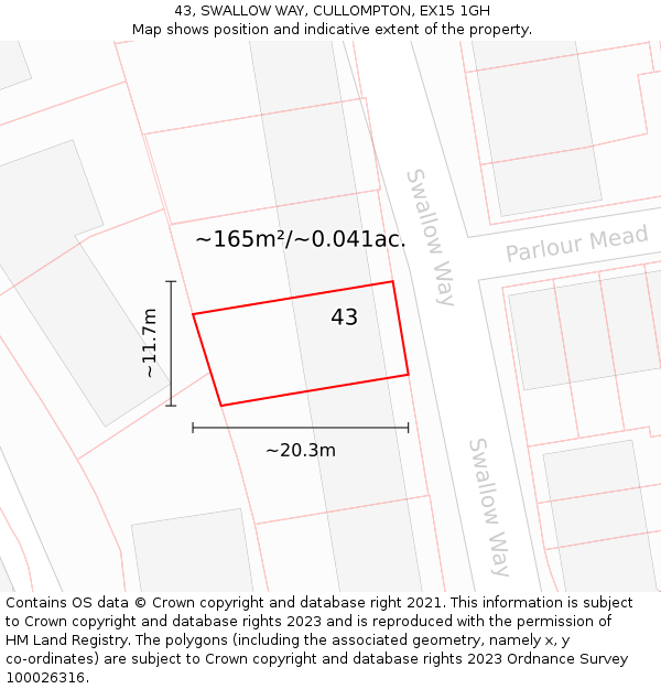 43, SWALLOW WAY, CULLOMPTON, EX15 1GH: Plot and title map