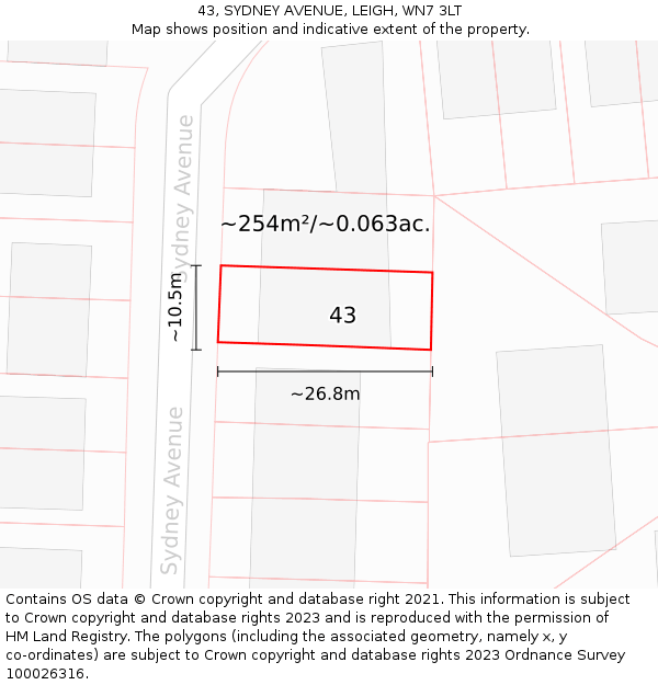 43, SYDNEY AVENUE, LEIGH, WN7 3LT: Plot and title map