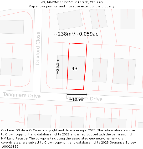 43, TANGMERE DRIVE, CARDIFF, CF5 2PQ: Plot and title map