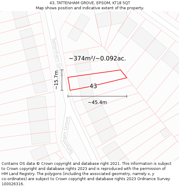 43, TATTENHAM GROVE, EPSOM, KT18 5QT: Plot and title map