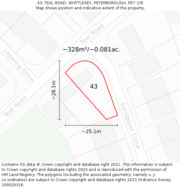 43, TEAL ROAD, WHITTLESEY, PETERBOROUGH, PE7 1YE: Plot and title map