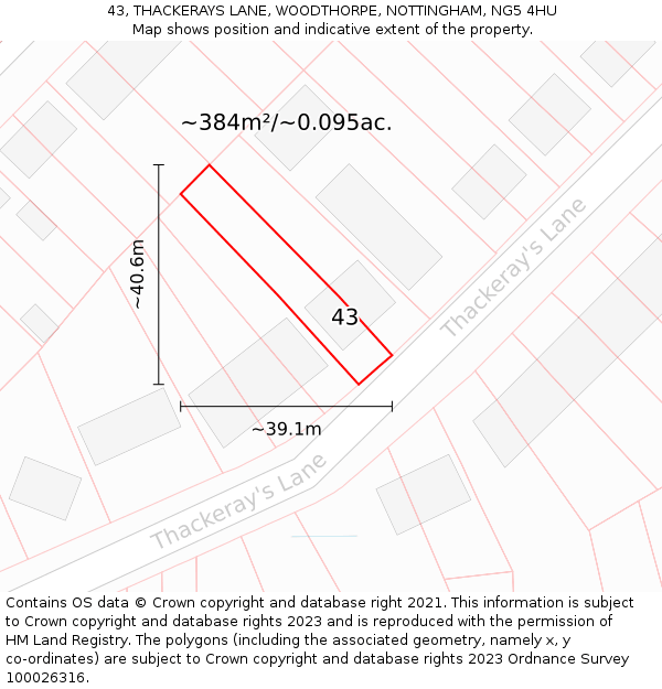 43, THACKERAYS LANE, WOODTHORPE, NOTTINGHAM, NG5 4HU: Plot and title map