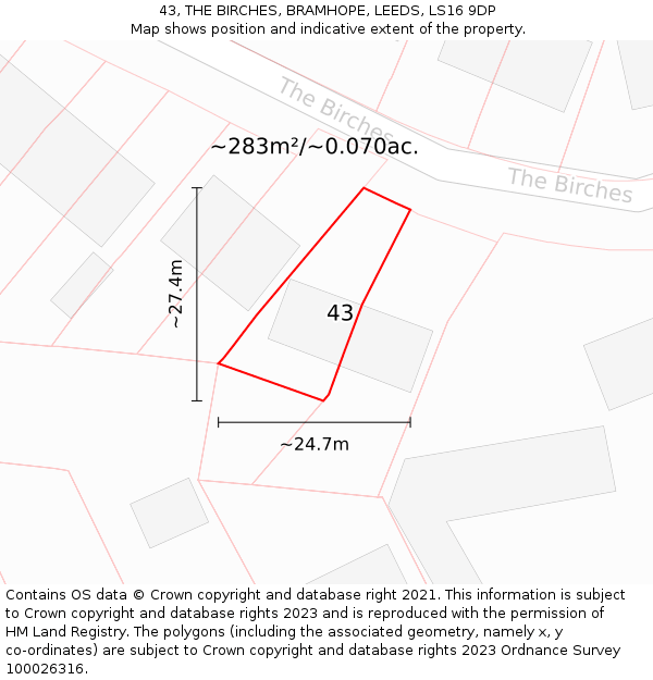 43, THE BIRCHES, BRAMHOPE, LEEDS, LS16 9DP: Plot and title map