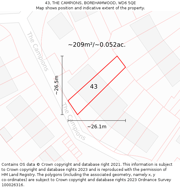 43, THE CAMPIONS, BOREHAMWOOD, WD6 5QE: Plot and title map