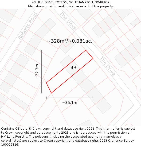 43, THE DRIVE, TOTTON, SOUTHAMPTON, SO40 9EP: Plot and title map