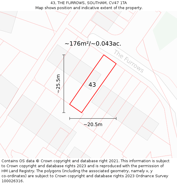 43, THE FURROWS, SOUTHAM, CV47 1TA: Plot and title map