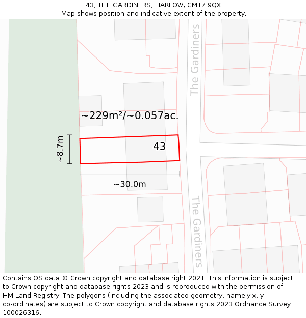 43, THE GARDINERS, HARLOW, CM17 9QX: Plot and title map