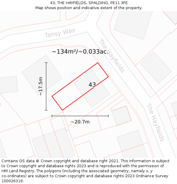 43, THE HAYFIELDS, SPALDING, PE11 3FE: Plot and title map