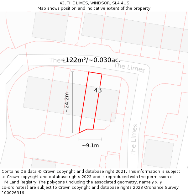 43, THE LIMES, WINDSOR, SL4 4US: Plot and title map