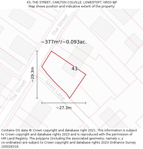 43, THE STREET, CARLTON COLVILLE, LOWESTOFT, NR33 8JP: Plot and title map