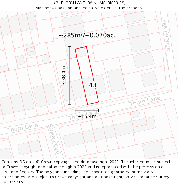 43, THORN LANE, RAINHAM, RM13 9SJ: Plot and title map