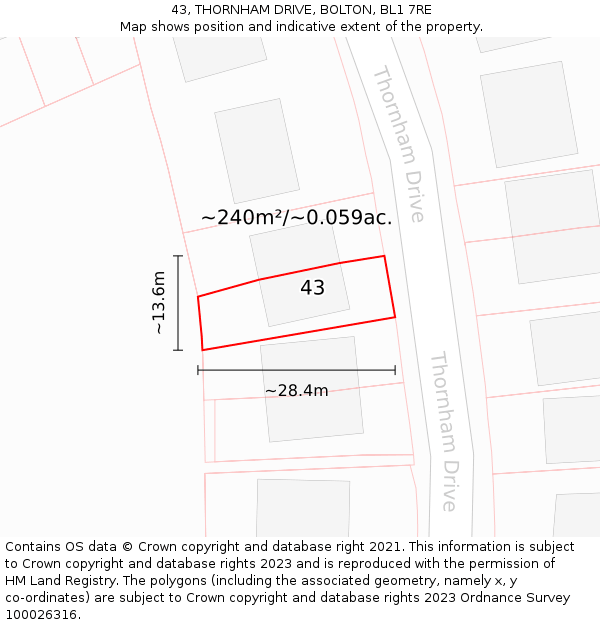 43, THORNHAM DRIVE, BOLTON, BL1 7RE: Plot and title map