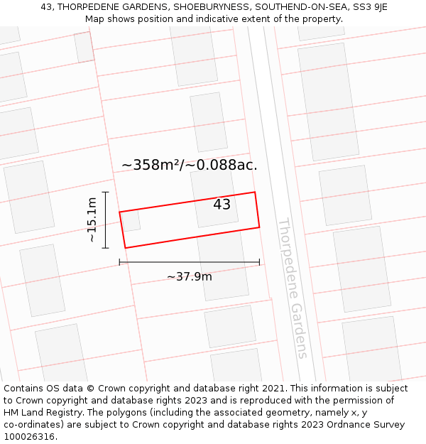 43, THORPEDENE GARDENS, SHOEBURYNESS, SOUTHEND-ON-SEA, SS3 9JE: Plot and title map