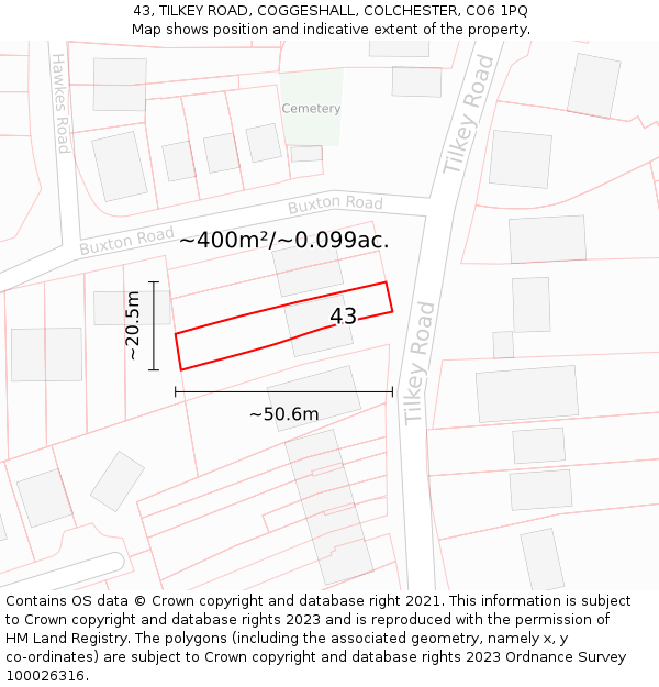 43, TILKEY ROAD, COGGESHALL, COLCHESTER, CO6 1PQ: Plot and title map