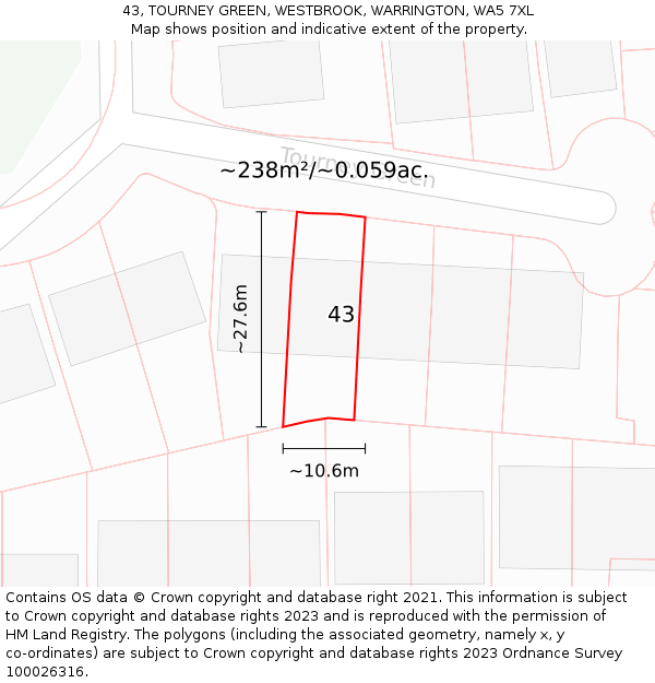 43, TOURNEY GREEN, WESTBROOK, WARRINGTON, WA5 7XL: Plot and title map