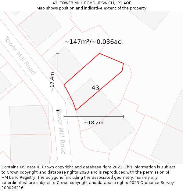 43, TOWER MILL ROAD, IPSWICH, IP1 4QF: Plot and title map