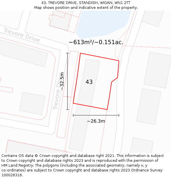 43, TREVORE DRIVE, STANDISH, WIGAN, WN1 2TT: Plot and title map