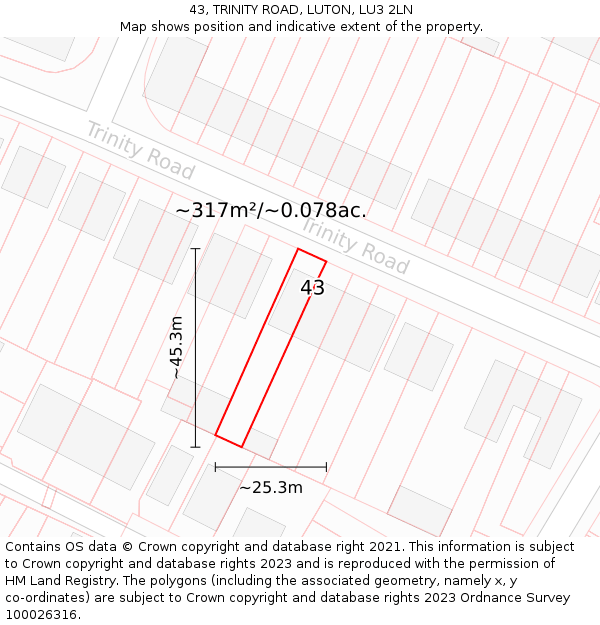 43, TRINITY ROAD, LUTON, LU3 2LN: Plot and title map