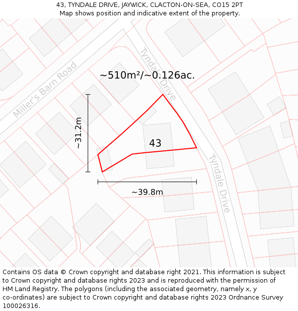 43, TYNDALE DRIVE, JAYWICK, CLACTON-ON-SEA, CO15 2PT: Plot and title map