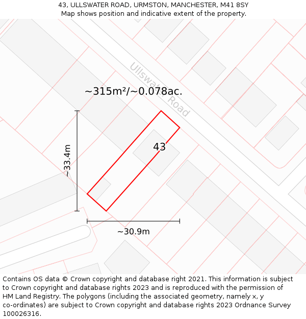 43, ULLSWATER ROAD, URMSTON, MANCHESTER, M41 8SY: Plot and title map