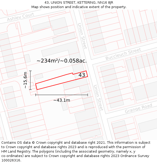 43, UNION STREET, KETTERING, NN16 8JR: Plot and title map