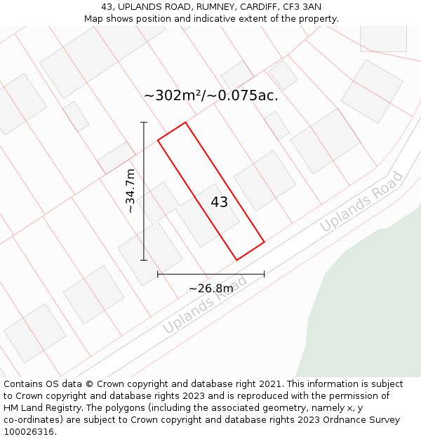 43, UPLANDS ROAD, RUMNEY, CARDIFF, CF3 3AN: Plot and title map