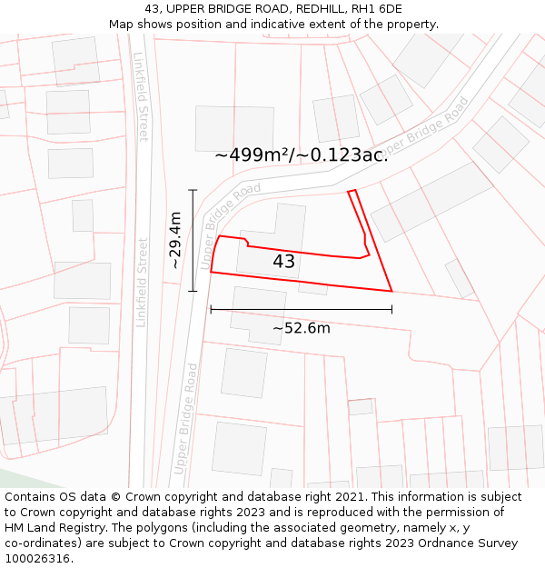 43, UPPER BRIDGE ROAD, REDHILL, RH1 6DE: Plot and title map