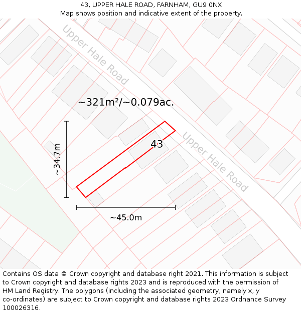 43, UPPER HALE ROAD, FARNHAM, GU9 0NX: Plot and title map