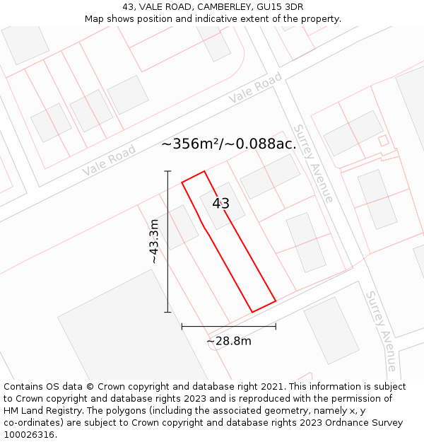 43, VALE ROAD, CAMBERLEY, GU15 3DR: Plot and title map