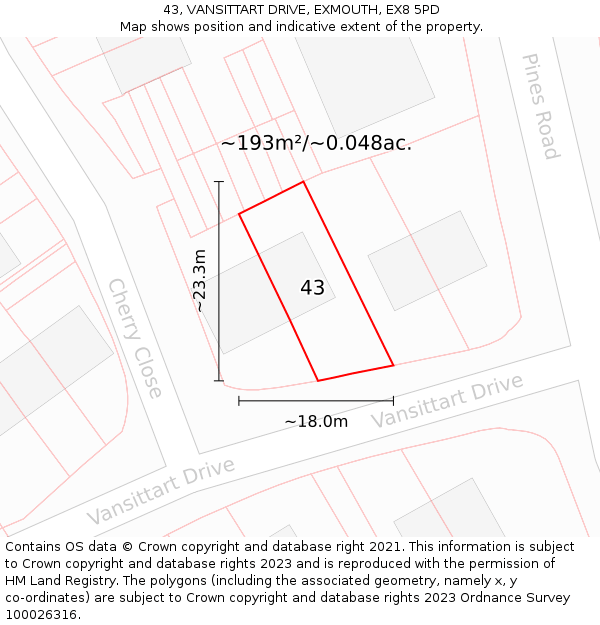 43, VANSITTART DRIVE, EXMOUTH, EX8 5PD: Plot and title map