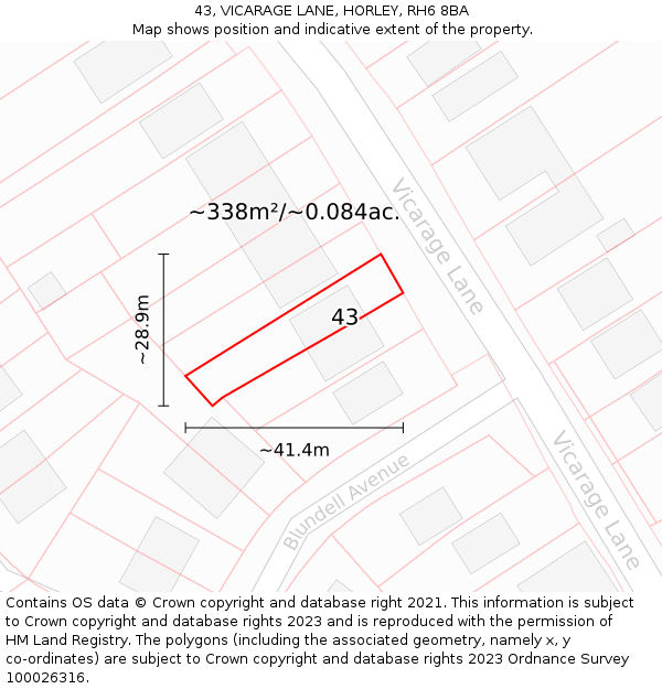 43, VICARAGE LANE, HORLEY, RH6 8BA: Plot and title map