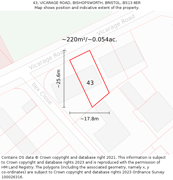 43, VICARAGE ROAD, BISHOPSWORTH, BRISTOL, BS13 8ER: Plot and title map