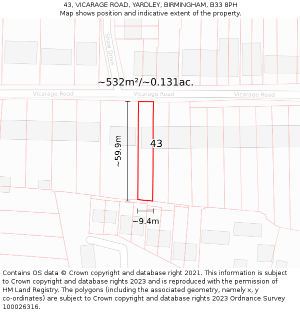 43, VICARAGE ROAD, YARDLEY, BIRMINGHAM, B33 8PH: Plot and title map