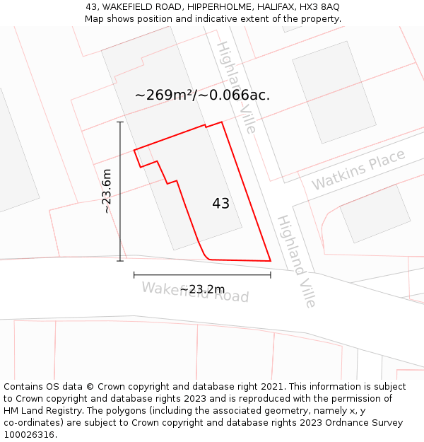 43, WAKEFIELD ROAD, HIPPERHOLME, HALIFAX, HX3 8AQ: Plot and title map