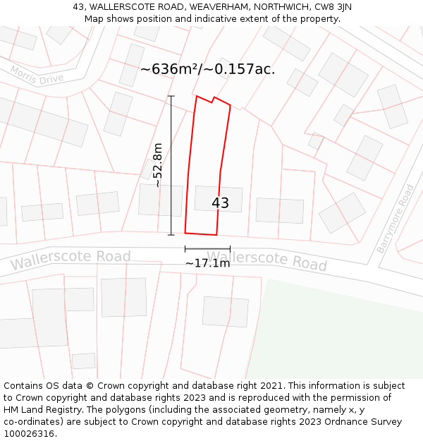 43, WALLERSCOTE ROAD, WEAVERHAM, NORTHWICH, CW8 3JN: Plot and title map