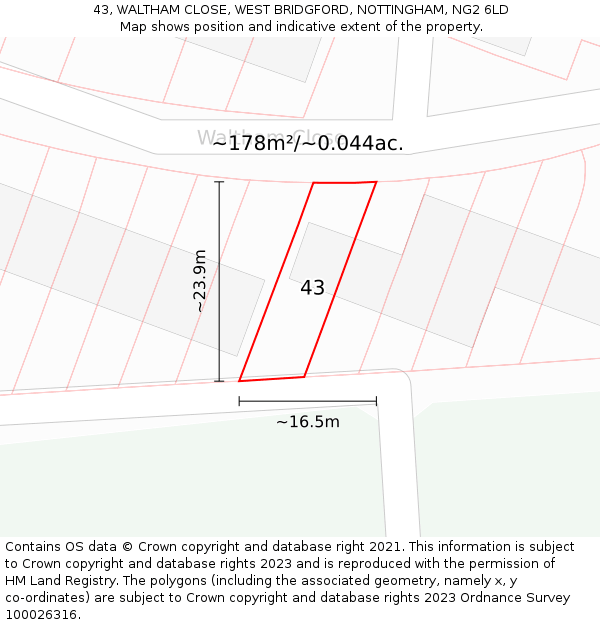 43, WALTHAM CLOSE, WEST BRIDGFORD, NOTTINGHAM, NG2 6LD: Plot and title map