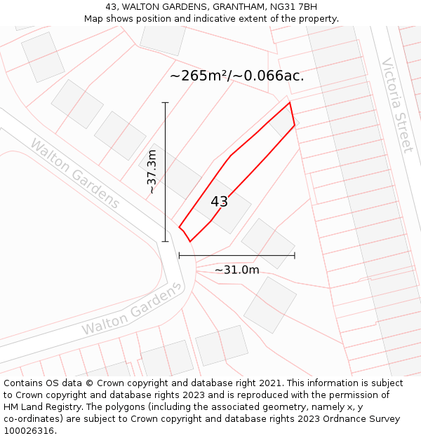 43, WALTON GARDENS, GRANTHAM, NG31 7BH: Plot and title map