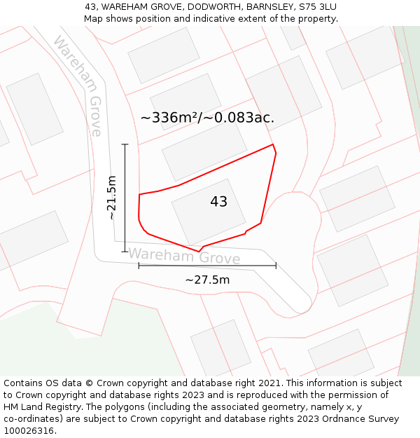 43, WAREHAM GROVE, DODWORTH, BARNSLEY, S75 3LU: Plot and title map