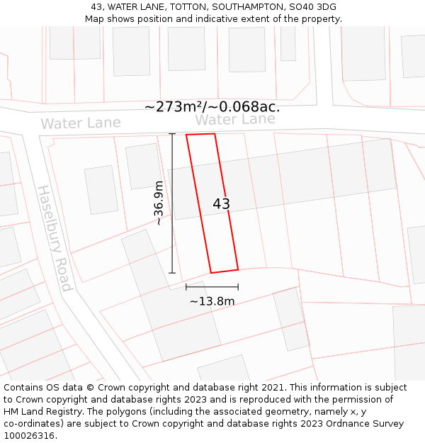 43, WATER LANE, TOTTON, SOUTHAMPTON, SO40 3DG: Plot and title map