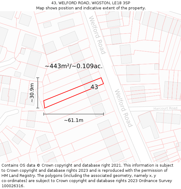 43, WELFORD ROAD, WIGSTON, LE18 3SP: Plot and title map