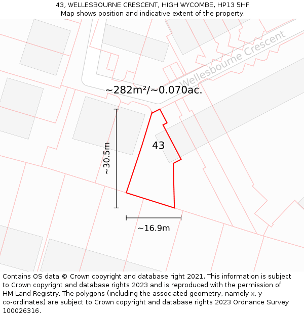 43, WELLESBOURNE CRESCENT, HIGH WYCOMBE, HP13 5HF: Plot and title map