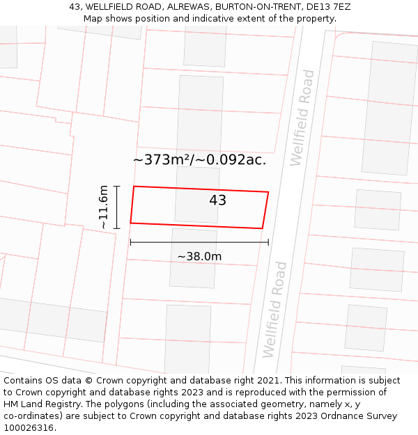 43, WELLFIELD ROAD, ALREWAS, BURTON-ON-TRENT, DE13 7EZ: Plot and title map