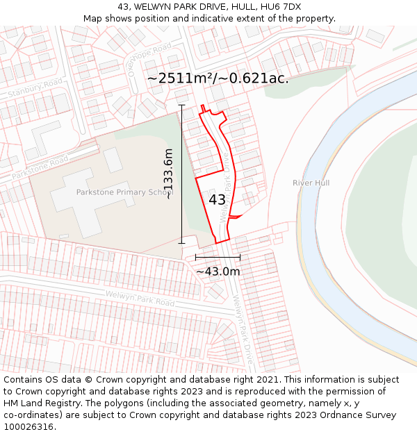 43, WELWYN PARK DRIVE, HULL, HU6 7DX: Plot and title map